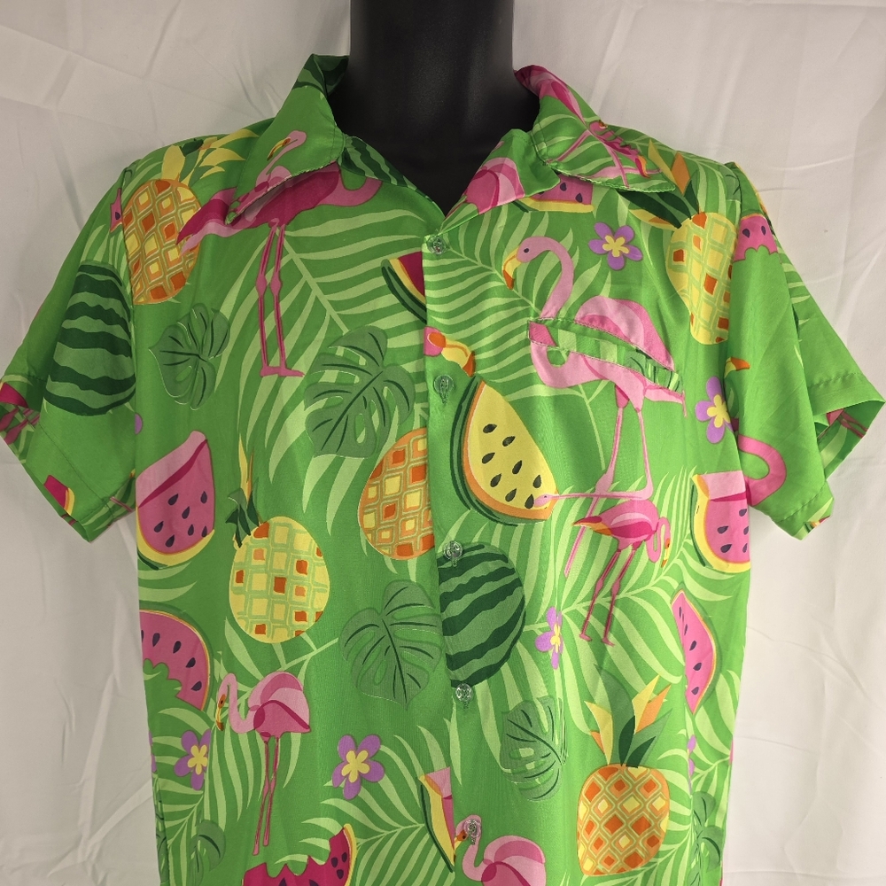 King Of Kameha Tropical Green Hawaiian Shirt with Pink Flamingos Size Med E-1708 - Picture 3 of 10